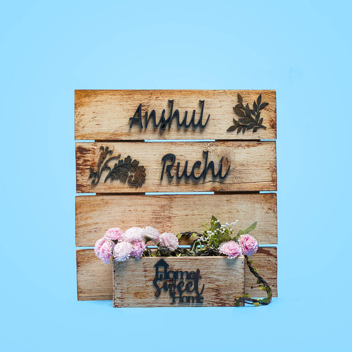 Rustic Planter Name Plate Couple Names - Front View with Floral Decoration