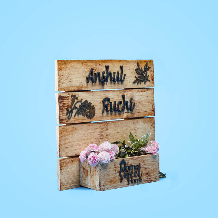 Rustic Planter Name Plate Couple Names - Angled Front View with Floral Arrangement