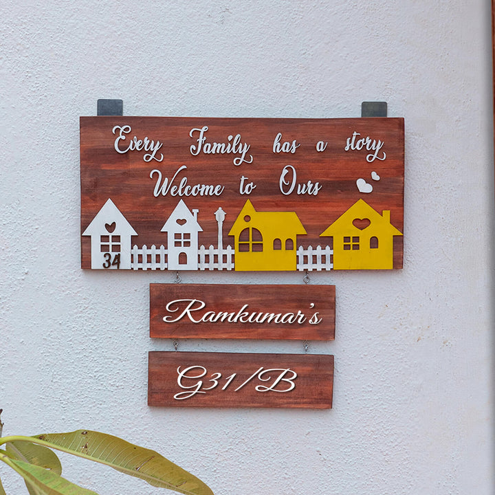 Personalised Wooden Family Name Plate With House Number - Mounted on Wall with Personalization