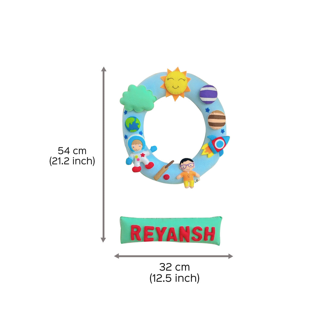 Handmade Personalized Astronaut Themed Felt Kids Name Hanging - Dimension Chart with Name Example