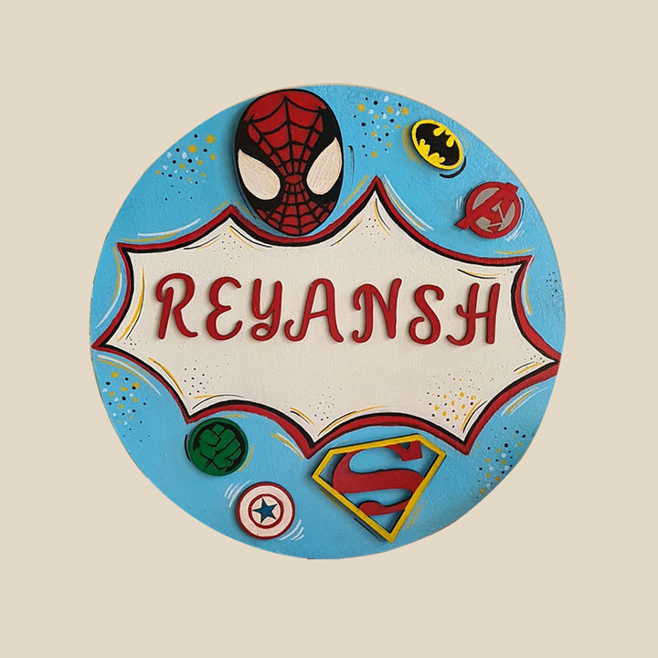 Super Heros Themed Kids Name Plate - Name Personalization Example Front View