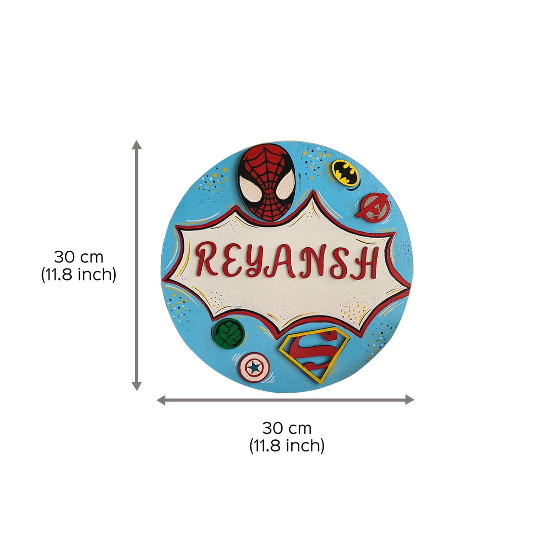 Super Heros Themed Kids Name Plate - Dimension Chart with Name Personalization