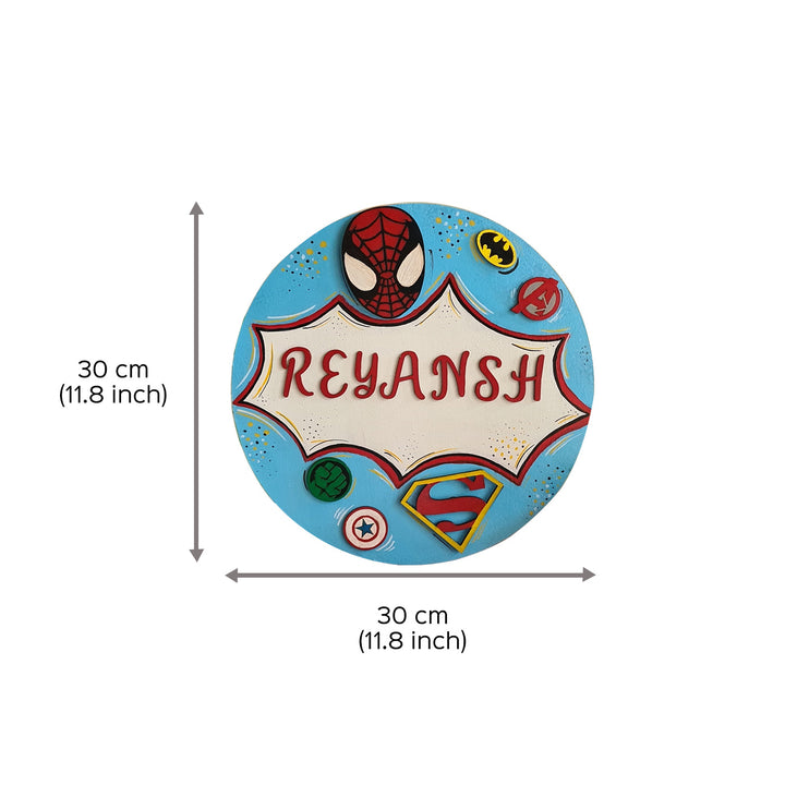 Super Heros Themed Kids Name Plate - Dimension Chart with Name Personalization