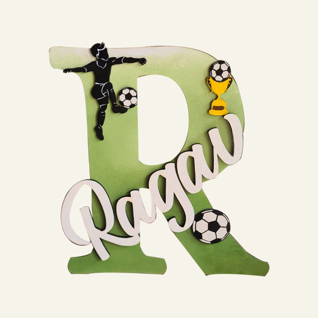 Soccer Themed Monogram Kids Name Plate - Front View with Name Personalization