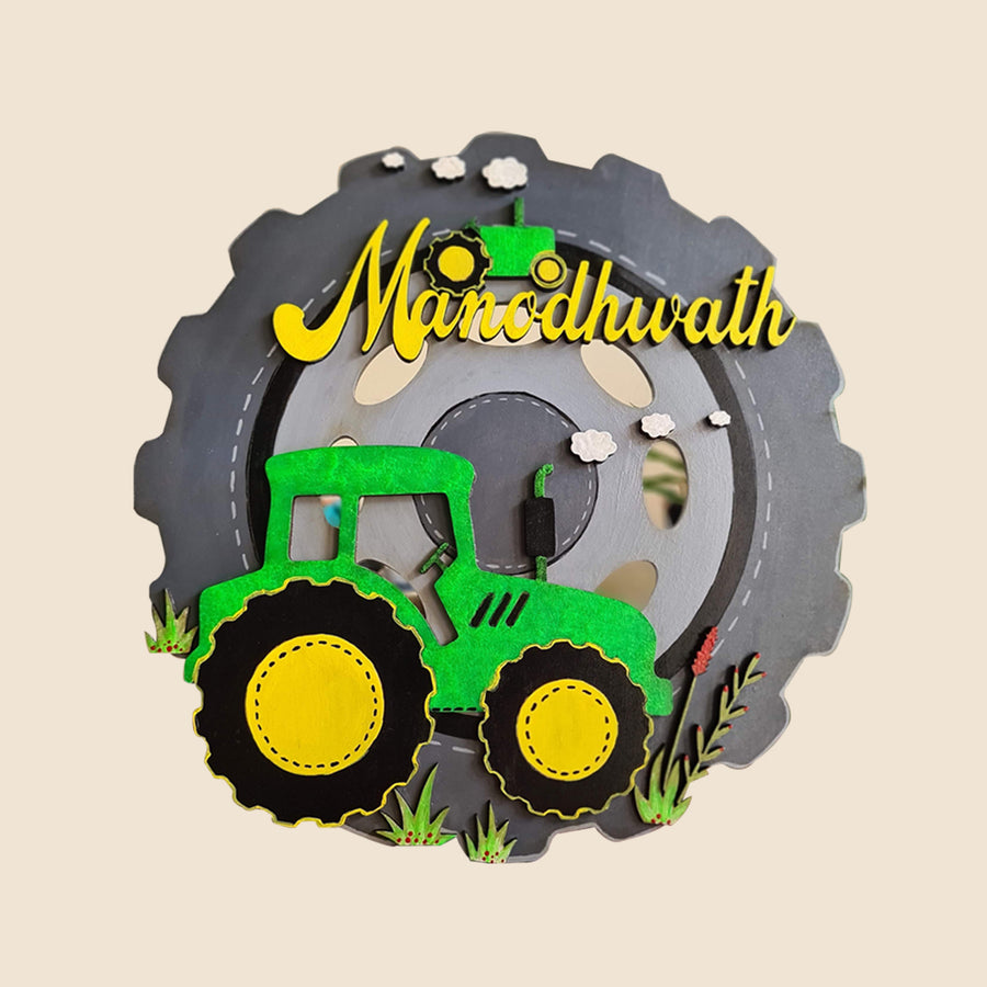 Tractor With Tyre Themed Kids Name Plate - Front View with Name Personalization