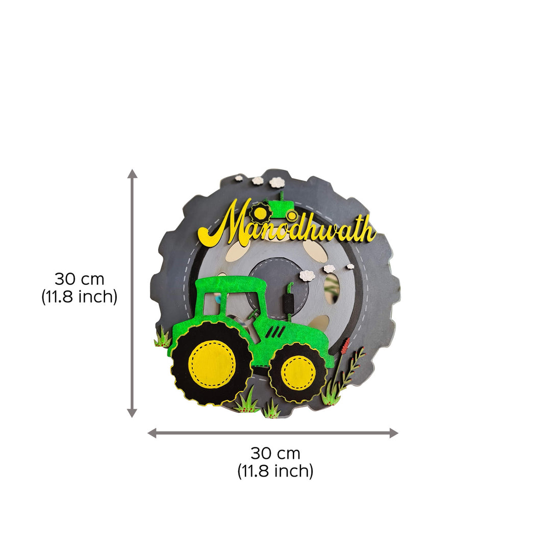 Tractor With Tyre Themed Kids Name Plate - Dimension Chart with Name Personalization