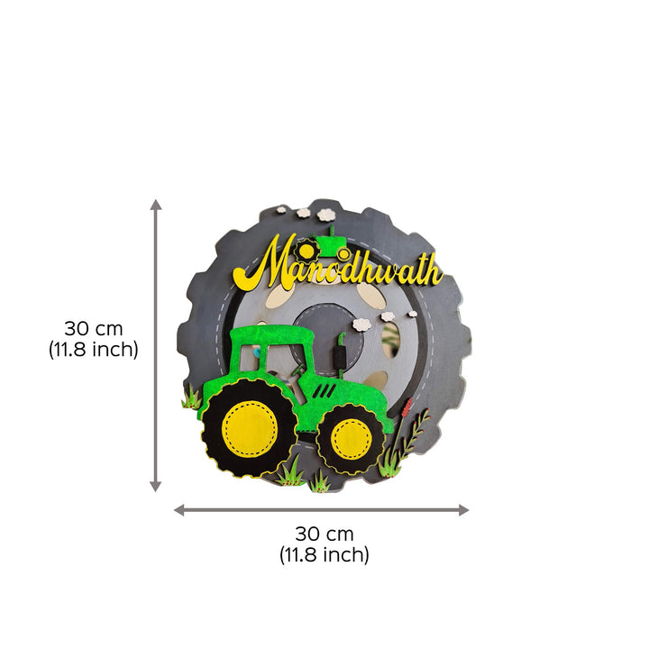 Tractor With Tyre Themed Kids Name Plate - Dimension Chart with Name Personalization