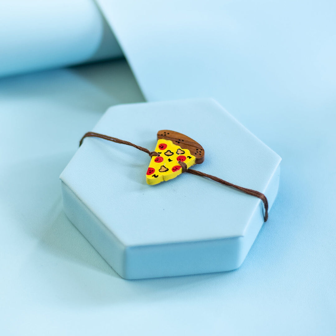 Handpainted Wooden Rakhi Donut - Close-up of Pizza Slice Bracelet