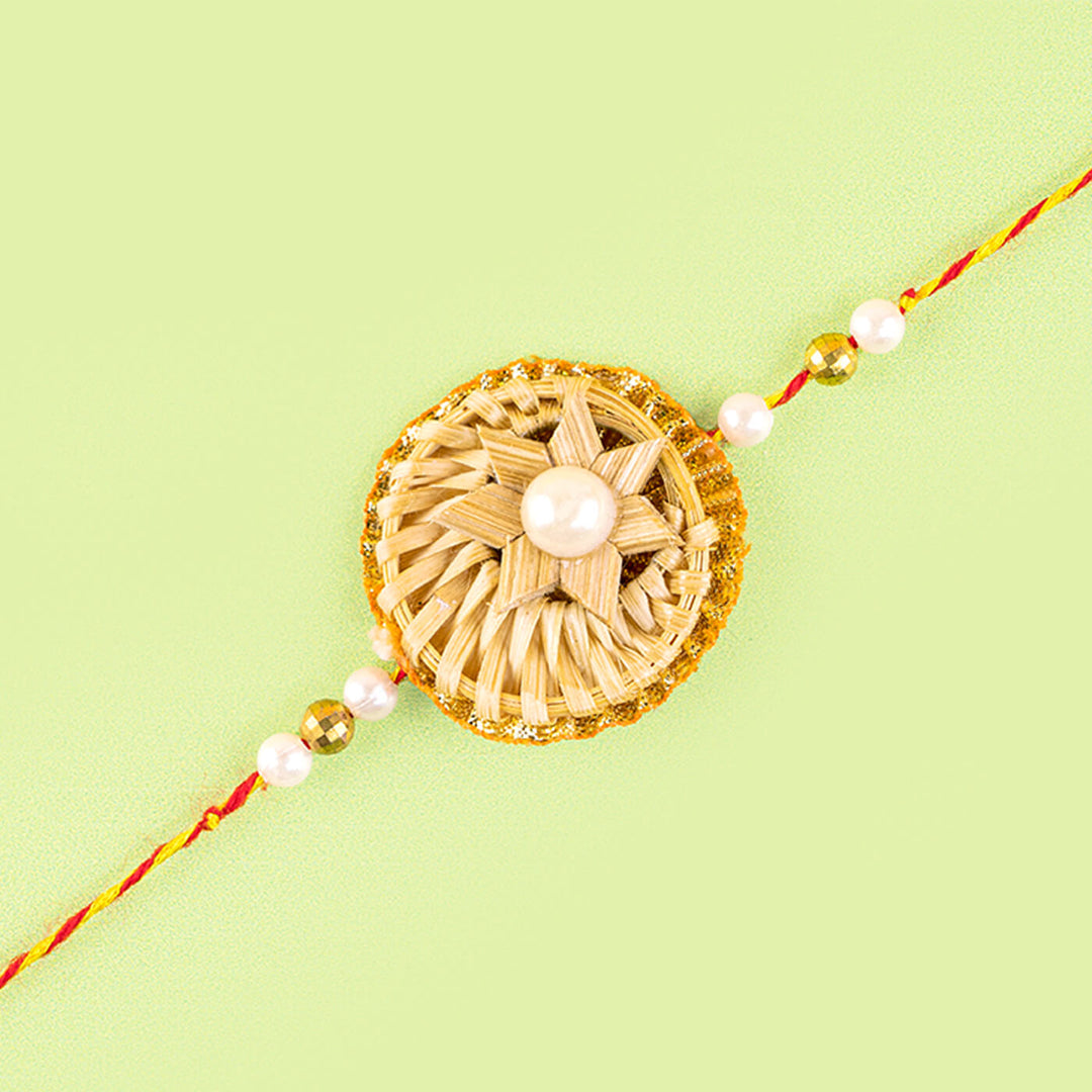 Ecofriendly Solid Round Bamboo Rakhi - Close-up of star pattern