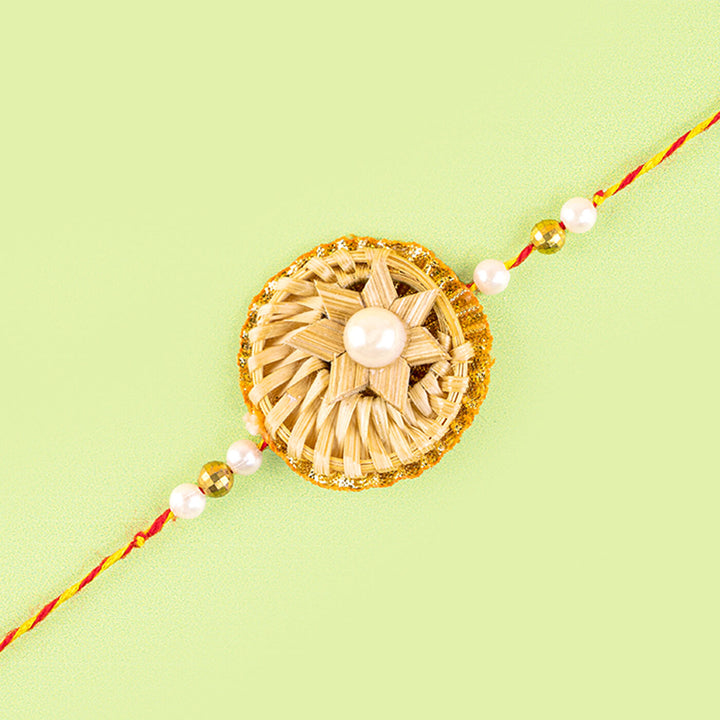 Ecofriendly Bamboo Rakhi With Pearl Rose - Close-up Detail View (22)