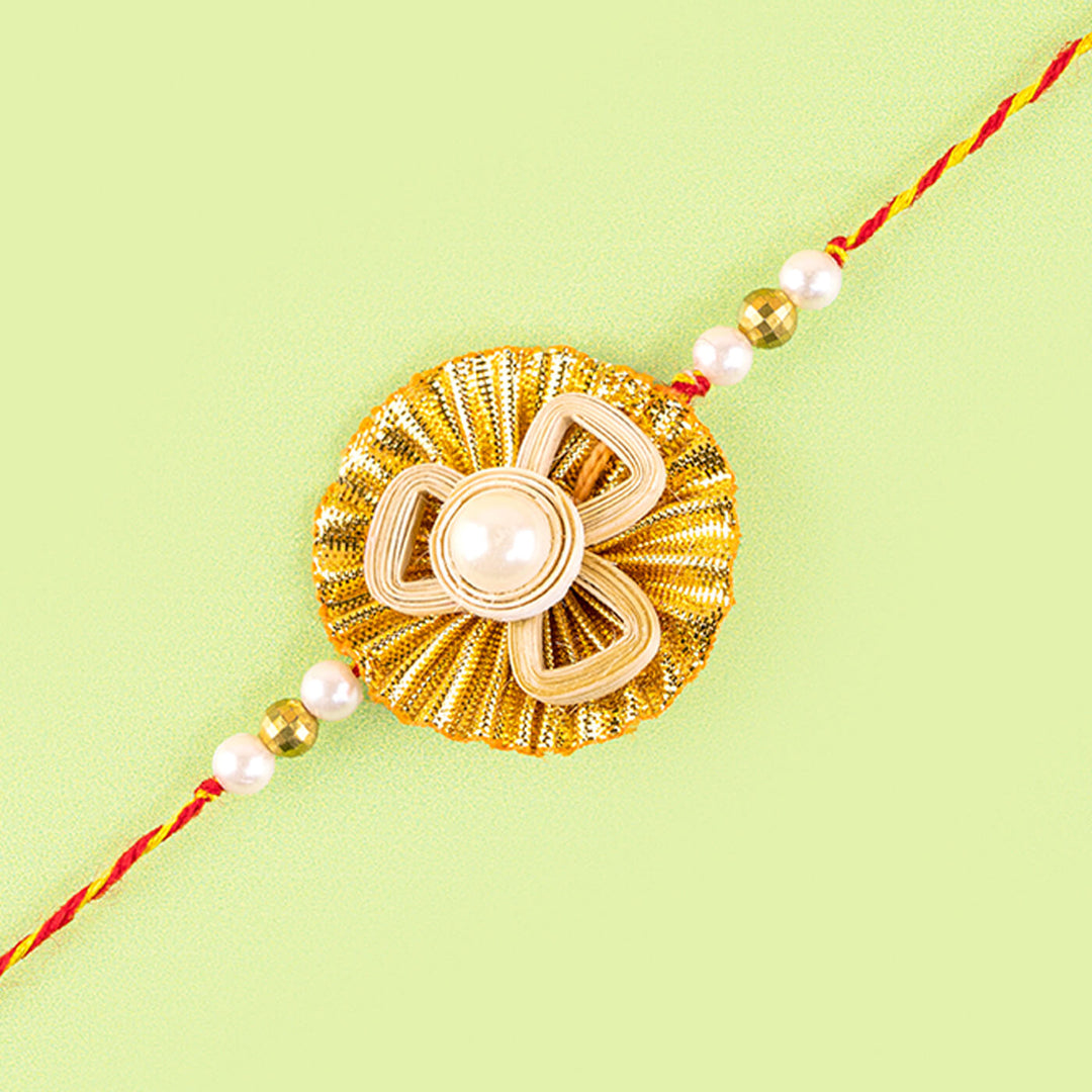 Ecofriendly Bamboo Rakhi With Pearl Rose - Flat Lay Full Rakhi Variation