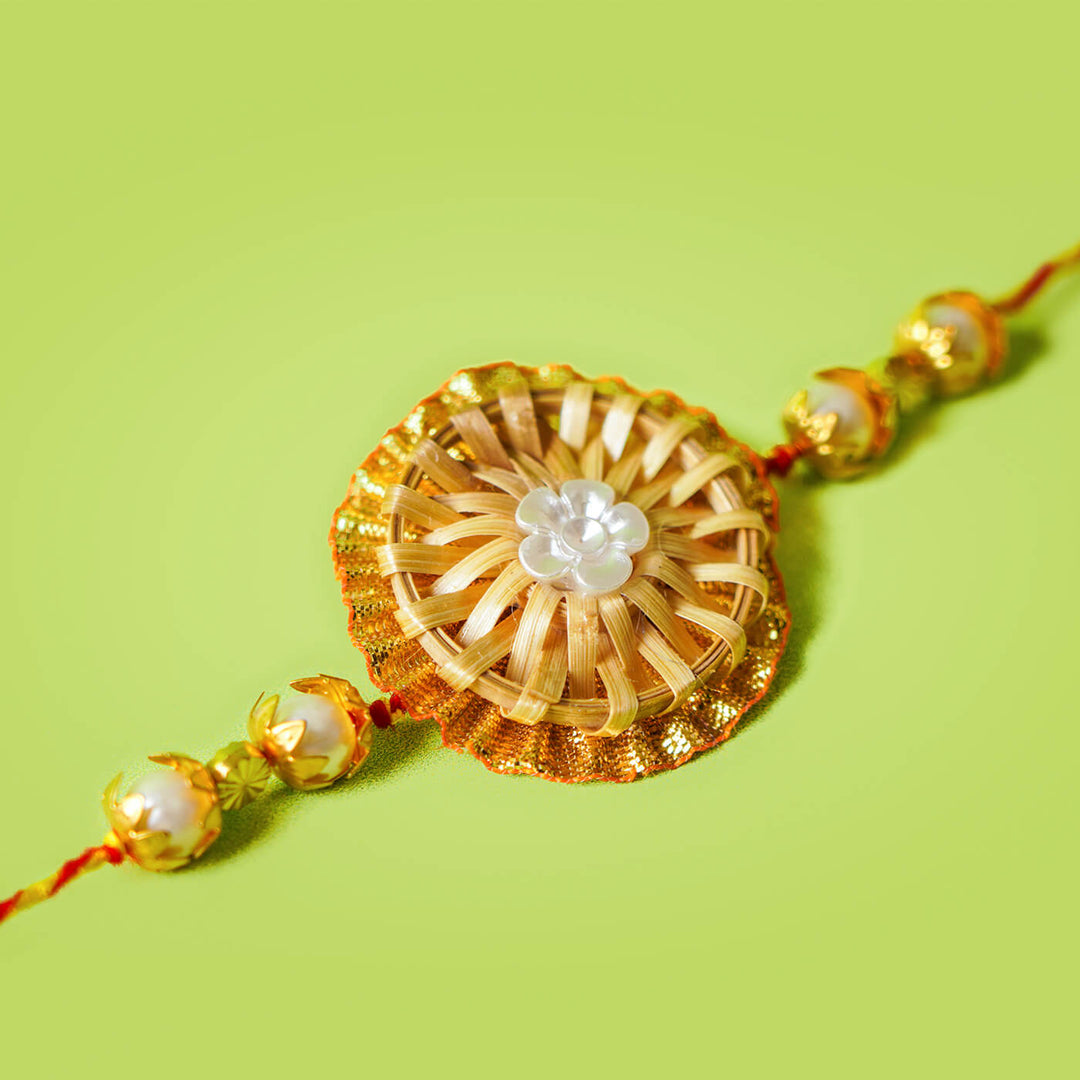 Ecofriendly Bamboo Rakhi With Golden Bead - Flat Lay Front View (17)