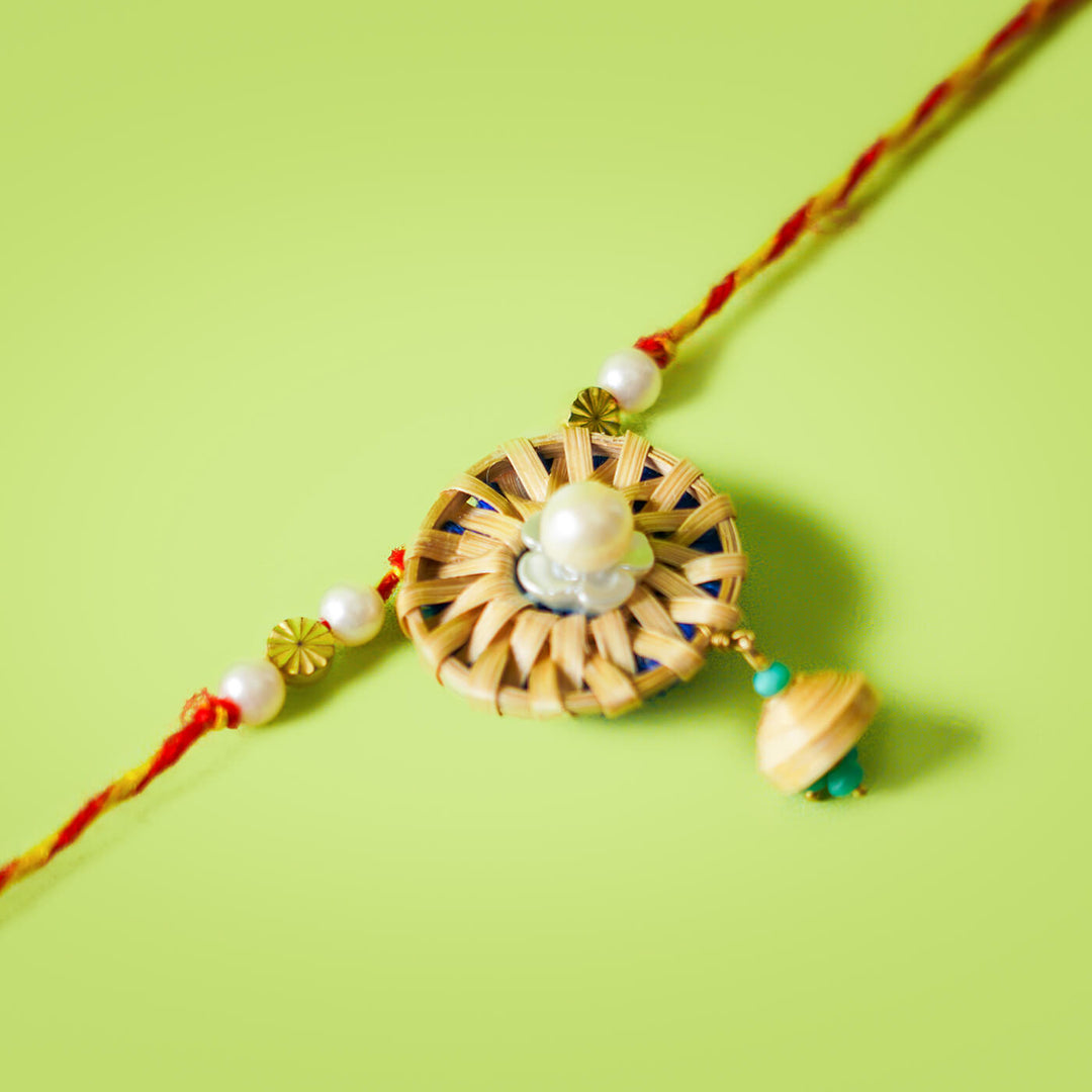 Ecofriendly Bamboo Lumba Rakhi - Close-up on Woven Circular Detail (12)