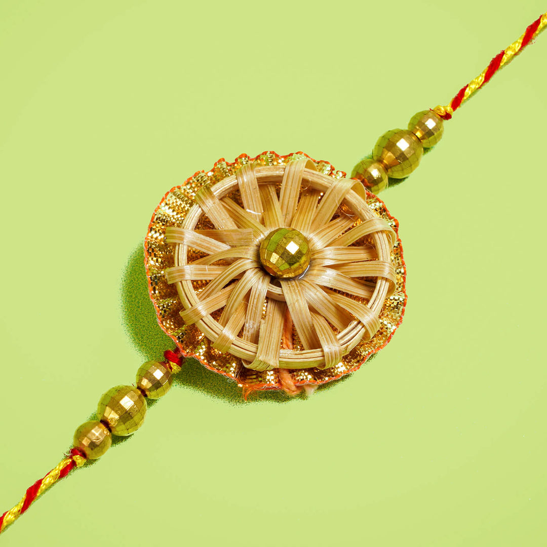 Ecofriendly Bamboo Rakhi With Golden Bead - Flat Lay Front View (19)