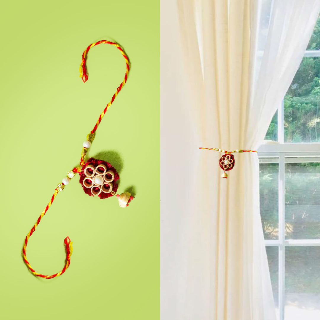 Ecofriendly Bamboo Lumba Rakhi With Red Quilled Jhumki Pearl - Flat Lay and Curtain Tie Example