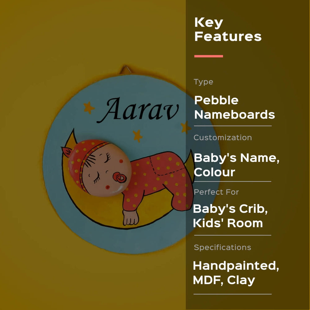 Handpainted Clay Pebble Name Plate Baby Sky Blue - Front View Hanging on Wall