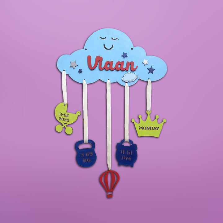Baby Details Cloud Name Plate - Front View Hanging Personalized Name Plaque