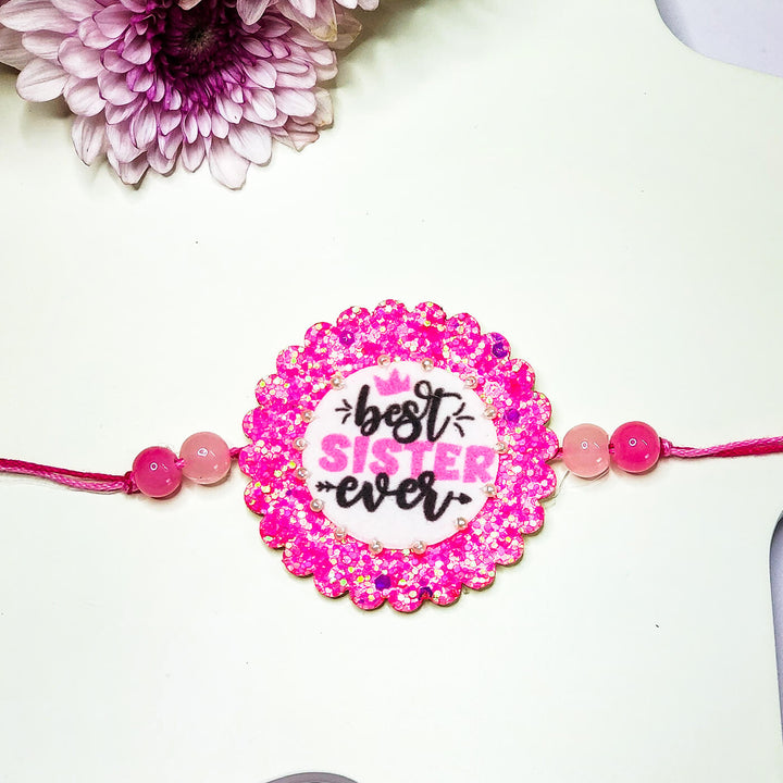Sparkly Best Sister Ever Rakhi - Close-up of Rakhi Design