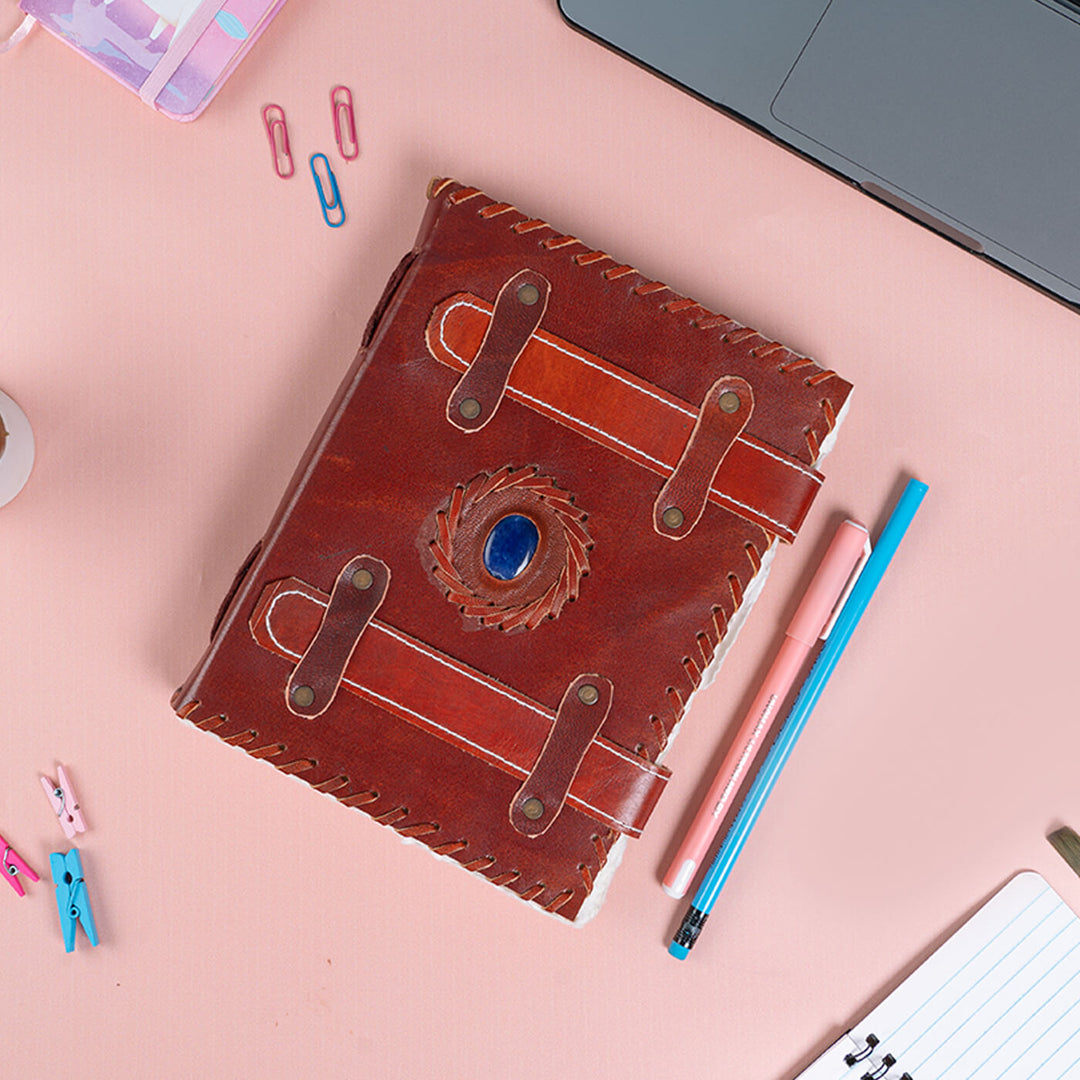 Vintage Leather Gemstone Strap Journal with Handmade Paper