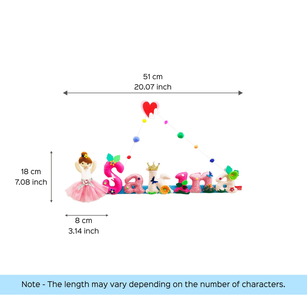 Ballerina Doll Name Plate For Kids - Dimension Chart with Length and Height