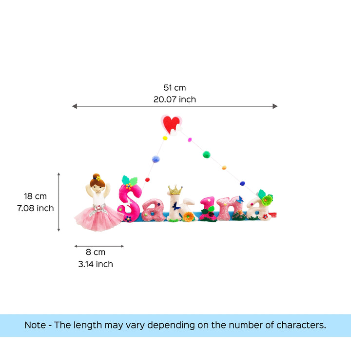 Ballerina Doll Name Plate For Kids - Dimension Chart with Length and Height