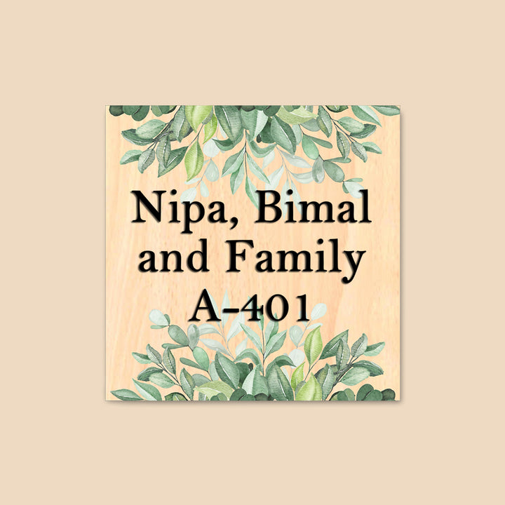Personalised Wooden Botanical Square Name Plate - Name Personalization Example Front View
