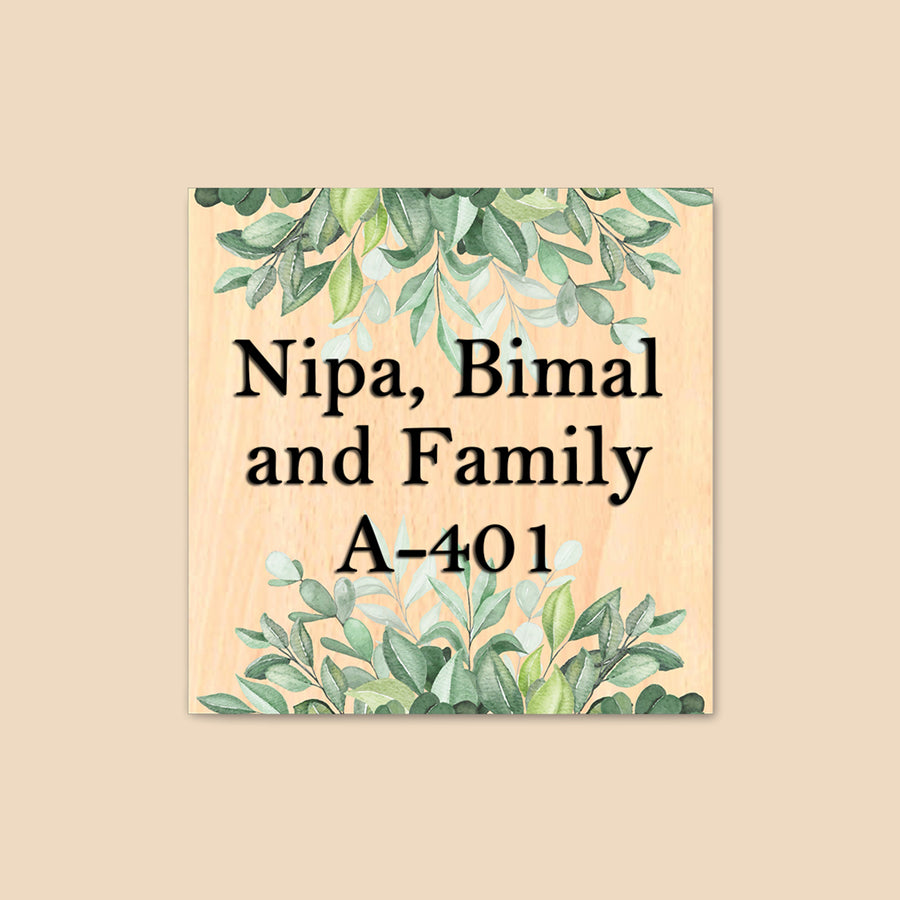 Personalised Wooden Botanical Square Name Plate - Name Personalization Example Front View