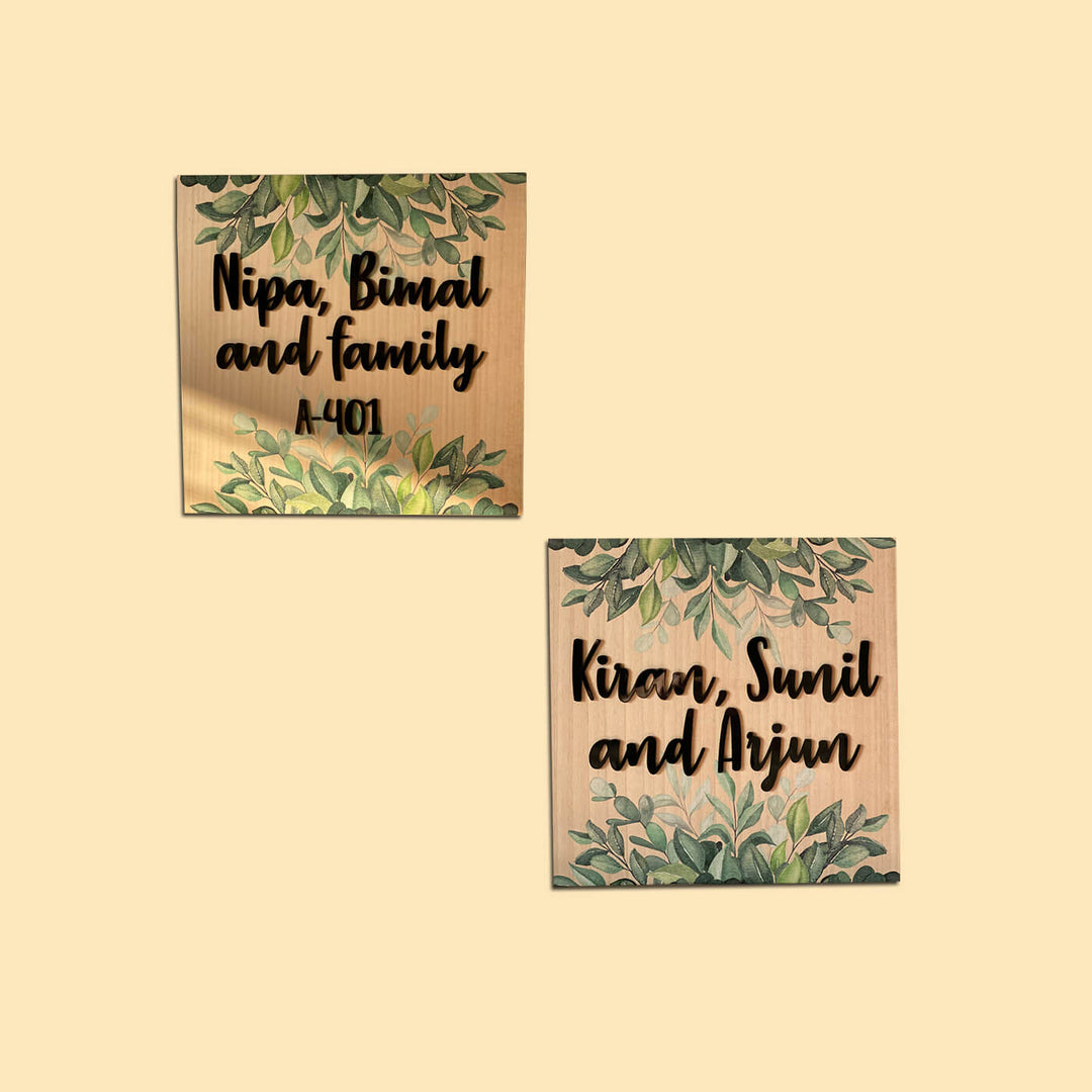 Personalised Wooden Botanical Square Name Plate - Front View with Name Personalization