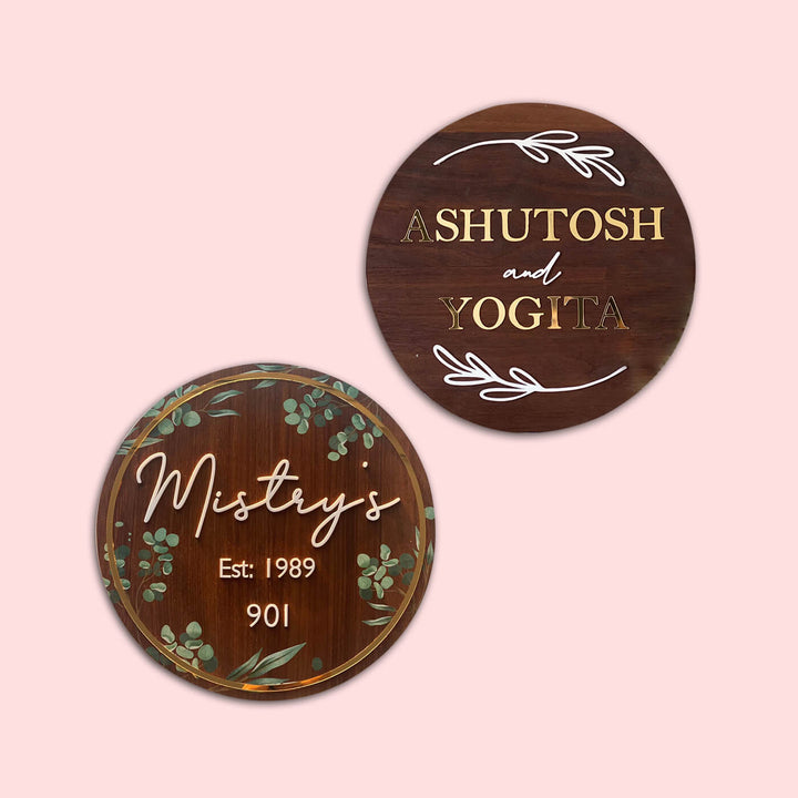 Wooden Personalised Floral Name Plate - Top-down View of Two Signage Designs