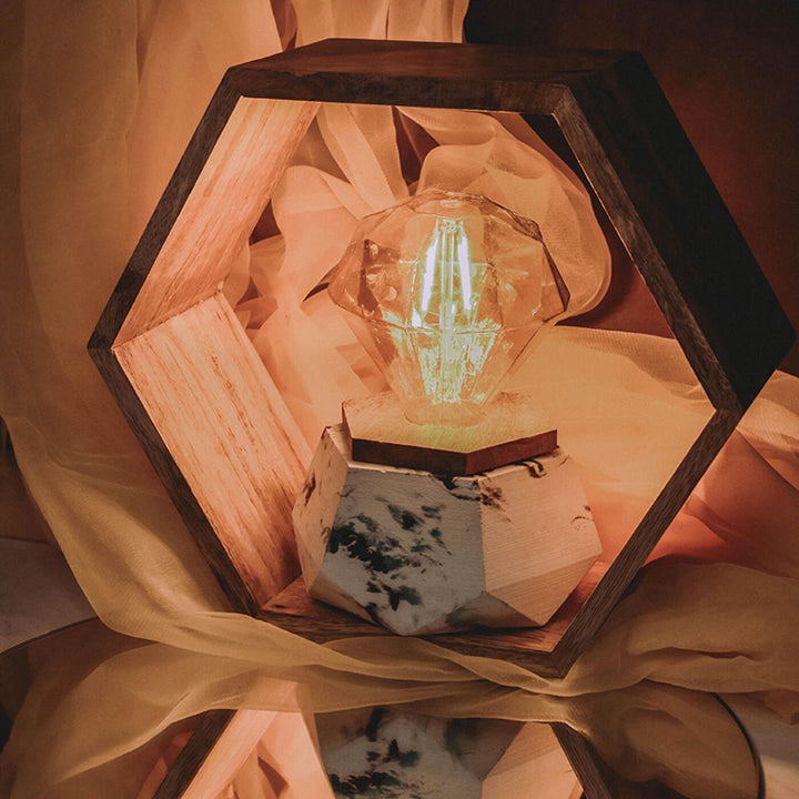 Handcrafted Concrete Hexagonal Wooden Frame LED Lamp With Edison Bulb