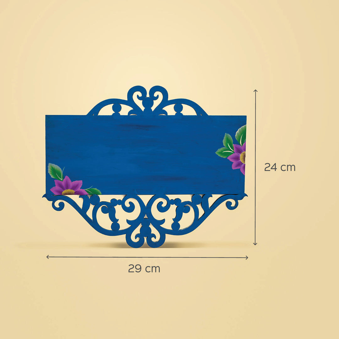 Handpainted Rectangular One Stroke Art Name Plate Blue - Dimension Chart with Decorative Details