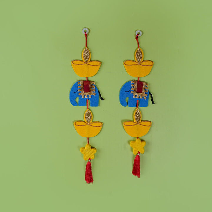 Handmade Diya and Elephant Hangings - Set of 2