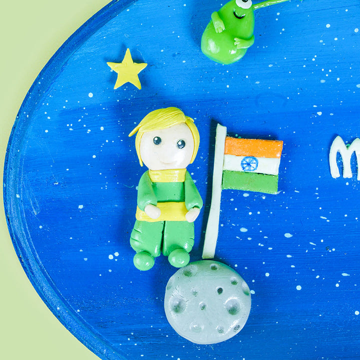 Man On The Moon Customizable Name Plate - Close-up of Figurine and Flag Details