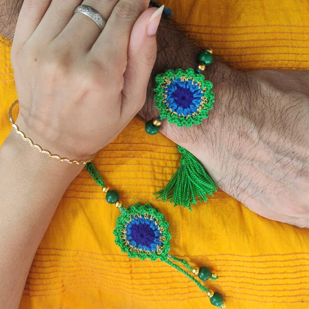 Bhaiyya Bhabhi Lumba Rakhi Set Mor Pankh Printed Face Mask - On Wrists Displayed