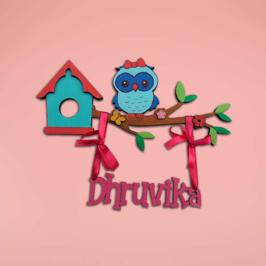 Cute Owl Kids Name Plate - Front View with Name Personalization