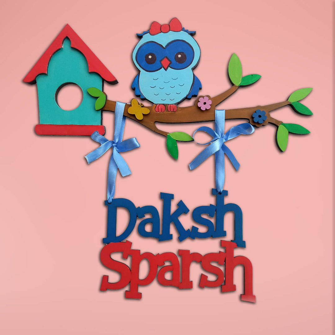 Cute Owl Kids Name Plate For Siblings - Front View with Name Personalization
