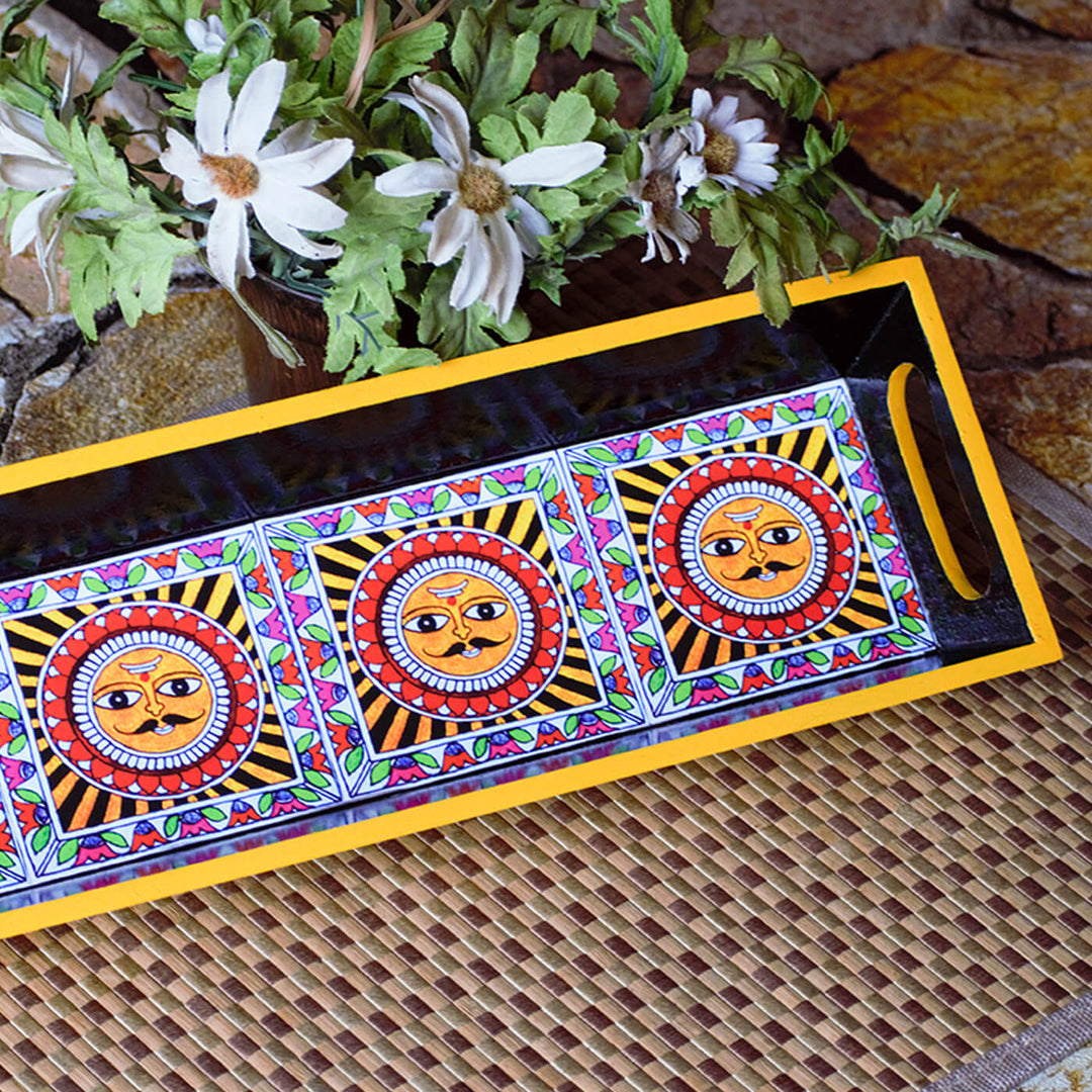 Ethnic Decoupage Madhubani Sun MDF Tray - Narrow