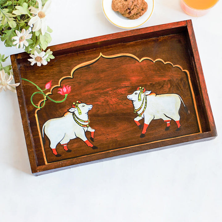 Handpainted Cows Mango Wood Tray