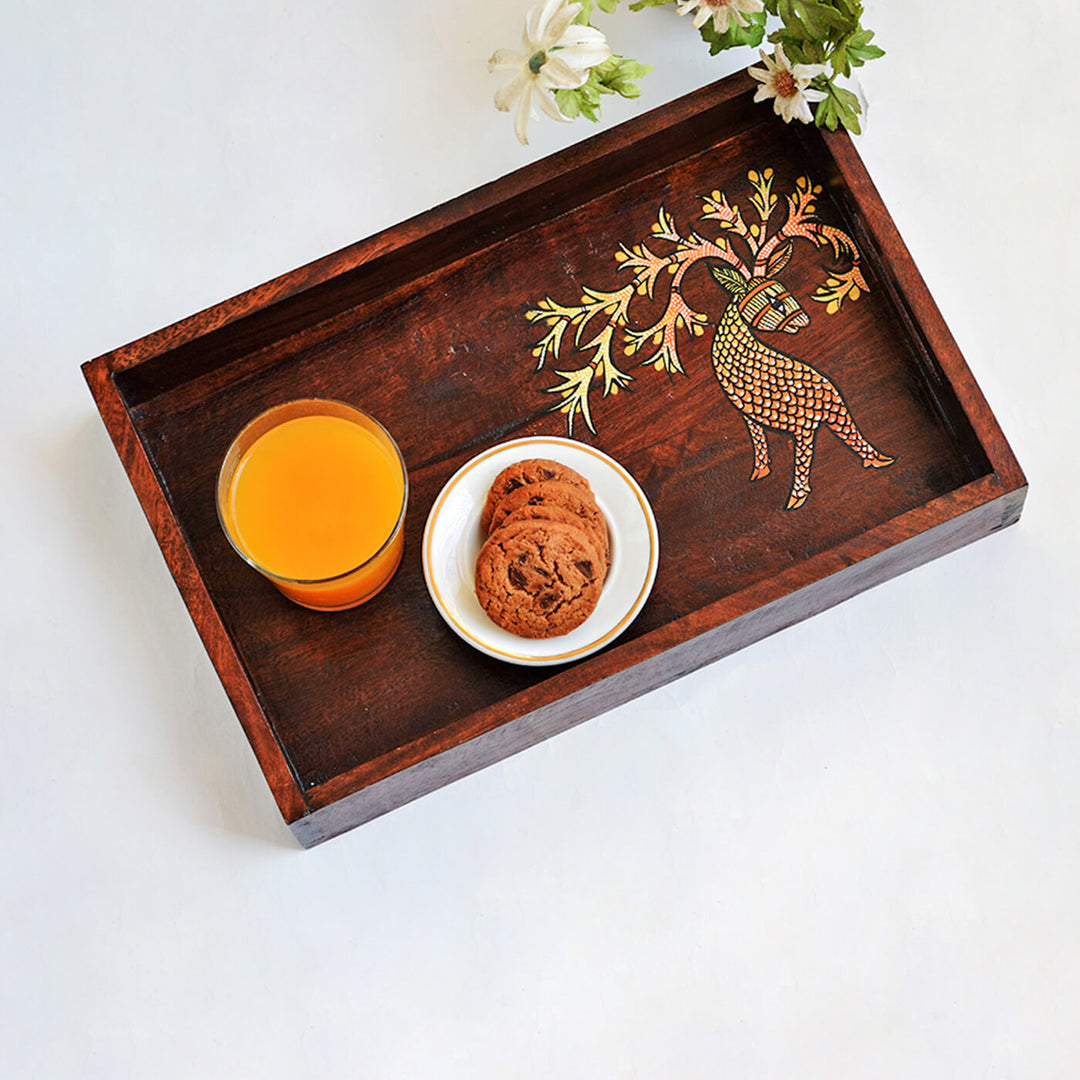 Handpainted Deer Mango Wood Tray