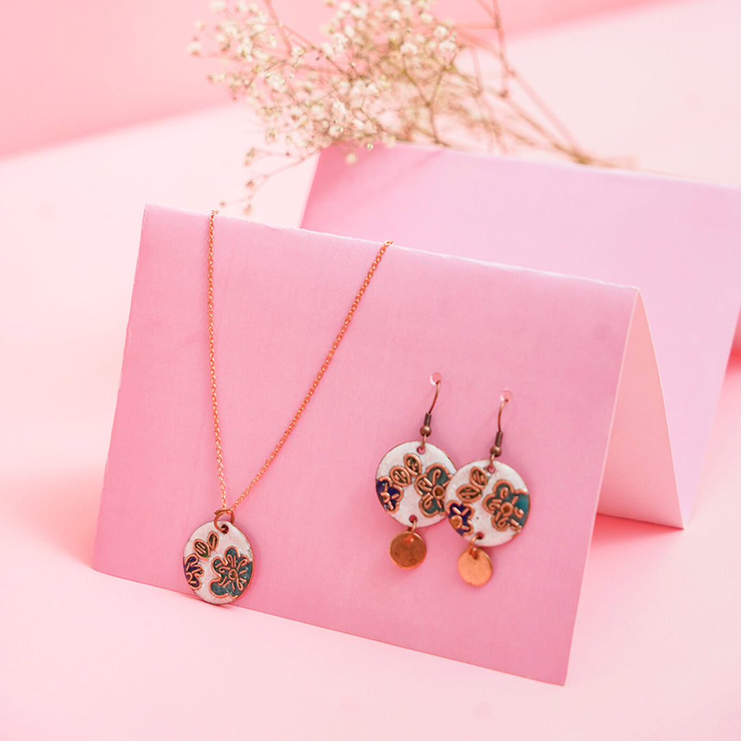 Handmade Copper Enamelled Phool Necklace and Earrings