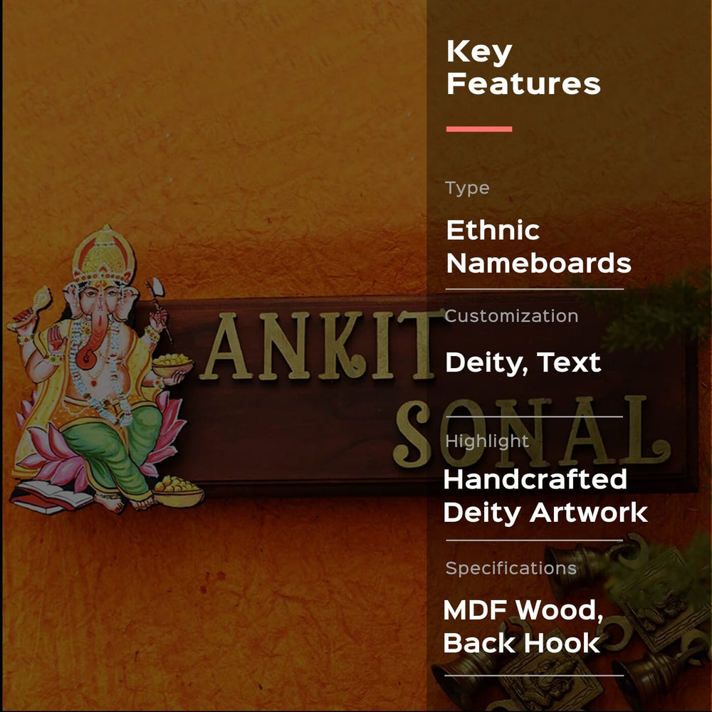 Traditional Divine Name Plate Ganesha On Lotus - Front View with Text and Deity Artwork