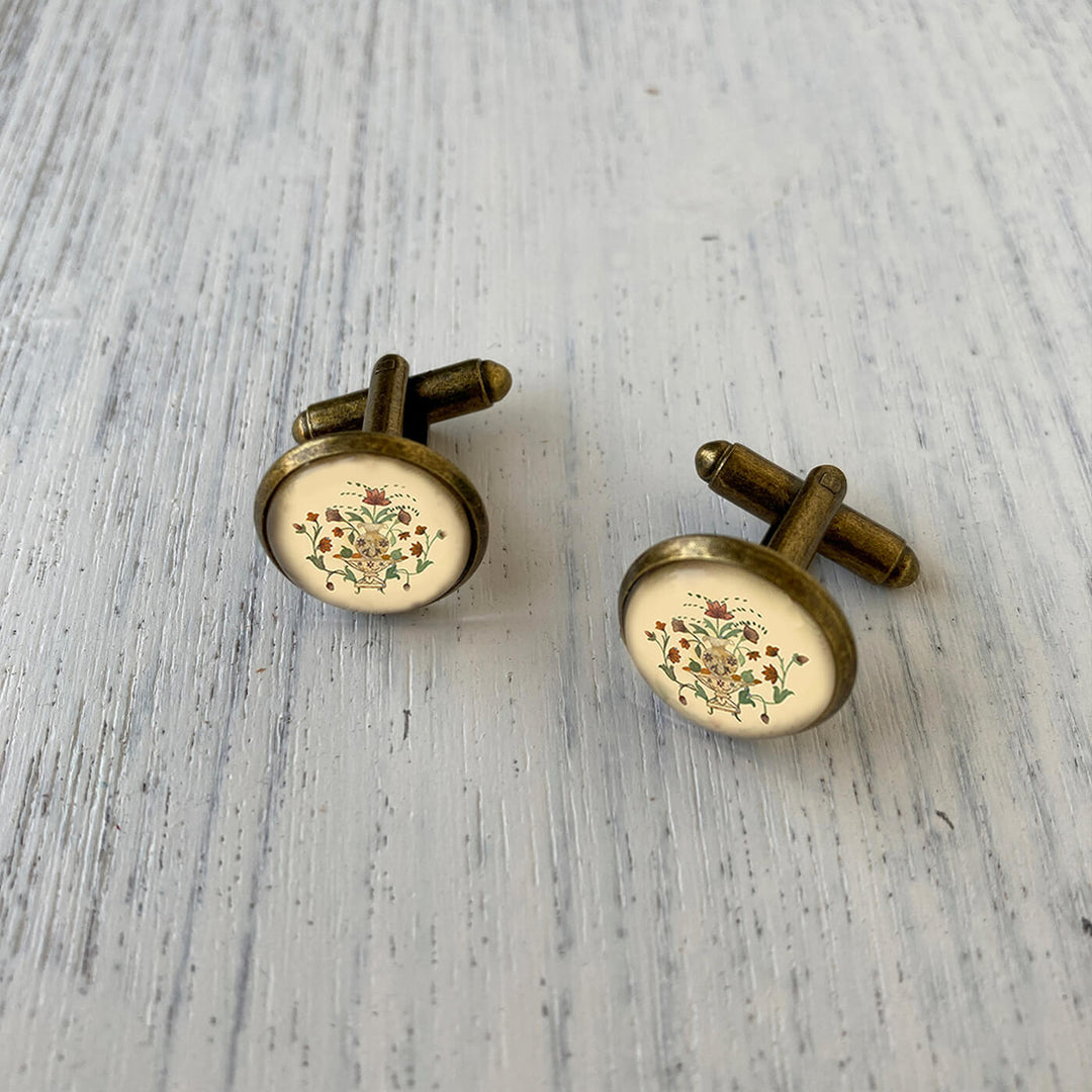 Rajasthani Art Metal Cuff Links With Antique Finish - Ganesh Pol Mural