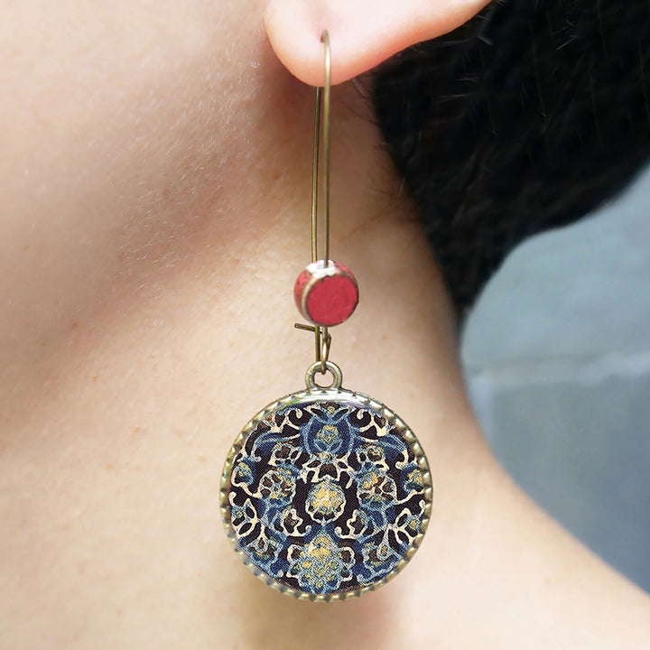 Hoop Earrings with Ceramic Bead - Blue Ajrakh Print