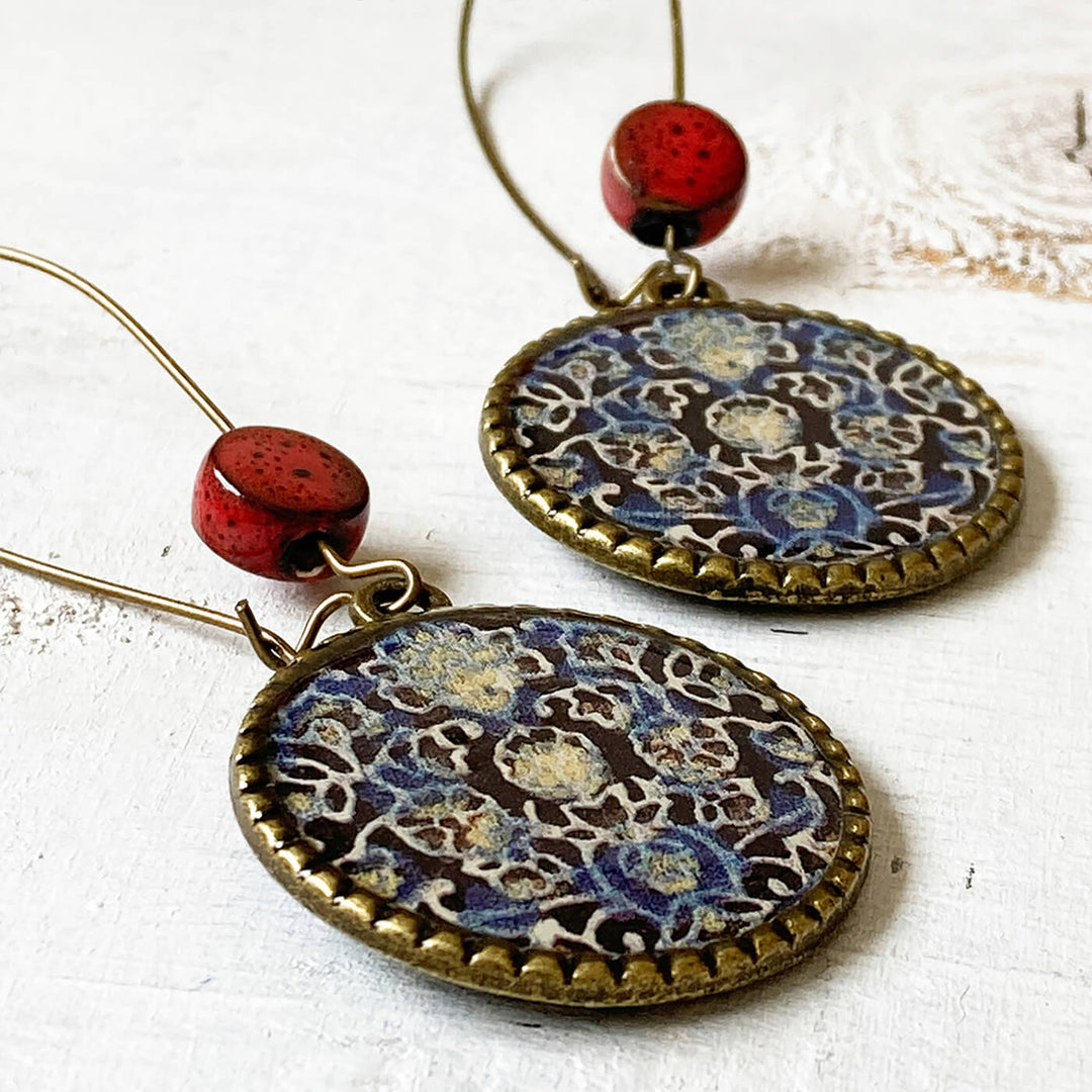 Hoop Earrings with Ceramic Bead - Blue Ajrakh Print