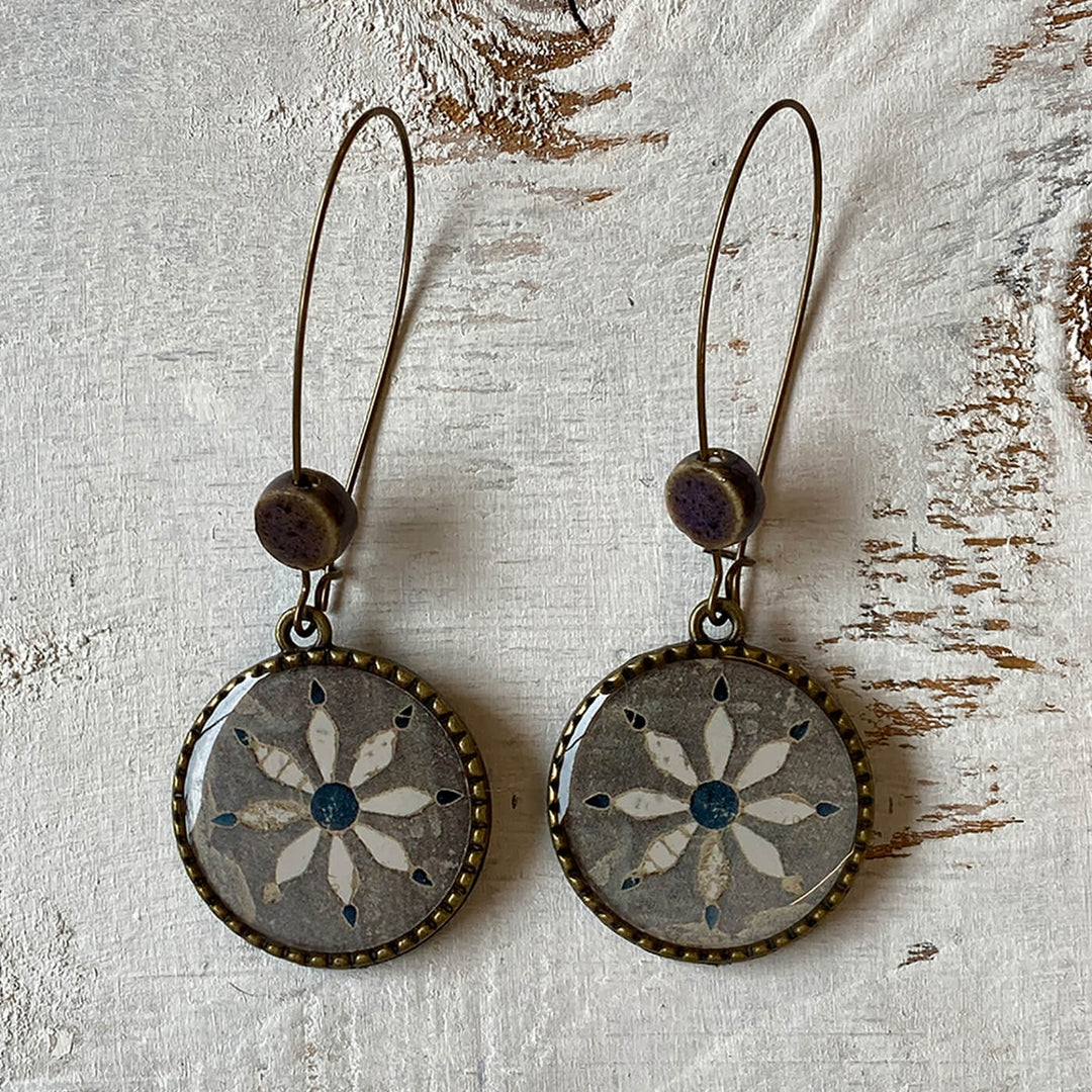 Hoop Earrings with Ceramic Bead - Inlayed Flowers