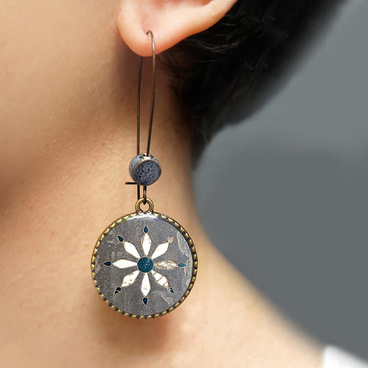 Hoop Earrings with Ceramic Bead - Inlayed Flowers