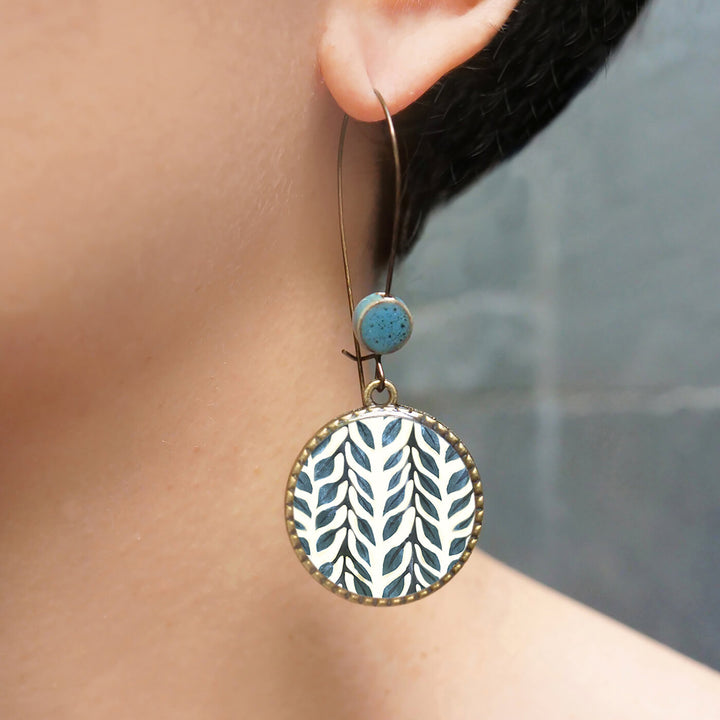 Hoop Earrings with Ceramic Bead - Blue Leaves