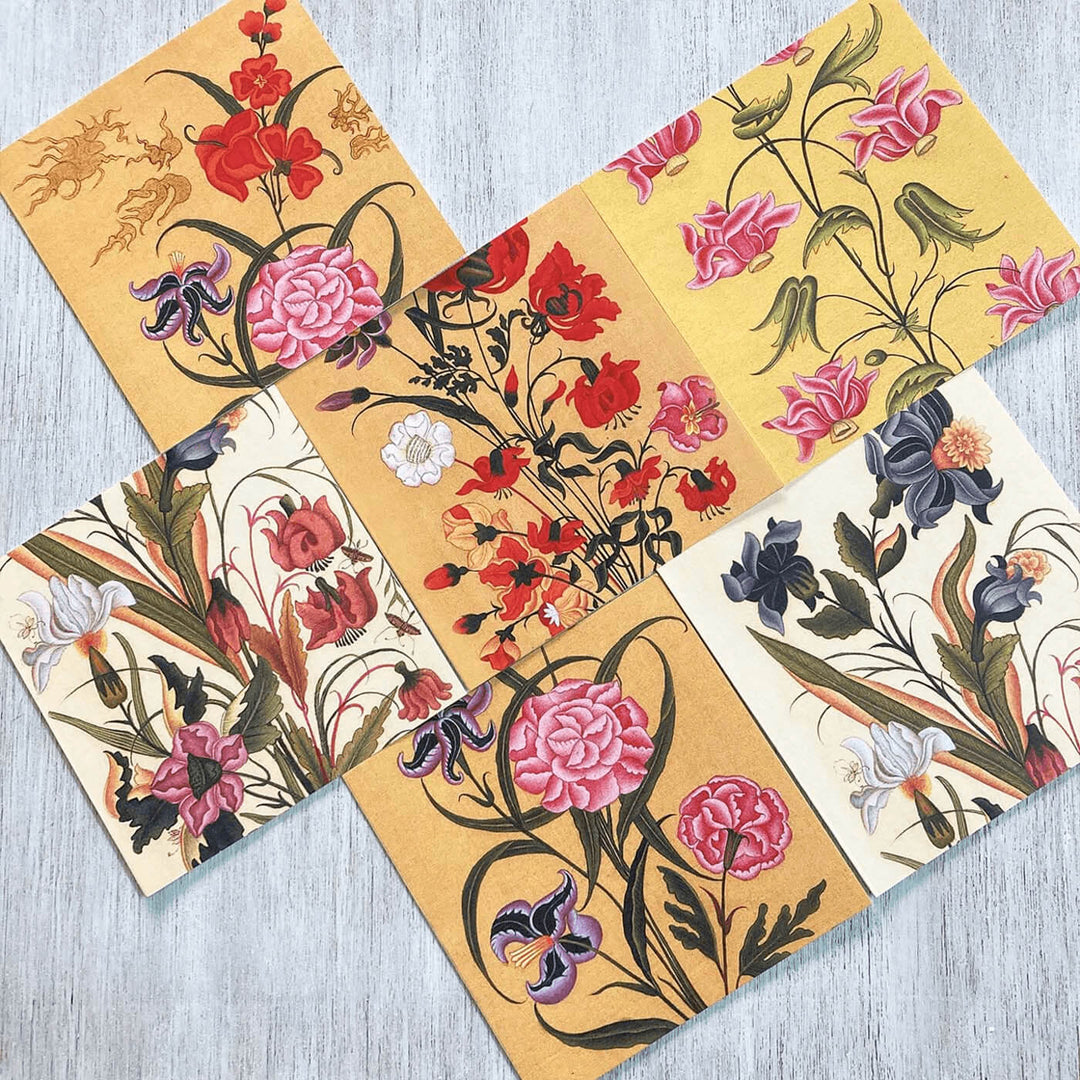 Indian Art Inspired Notecards & Envelopes - Mughal Flower Print - Set of 6