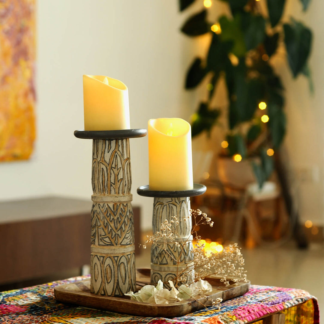Handcrafted Filigree Teak Wood Candle Holders | Set Of 2