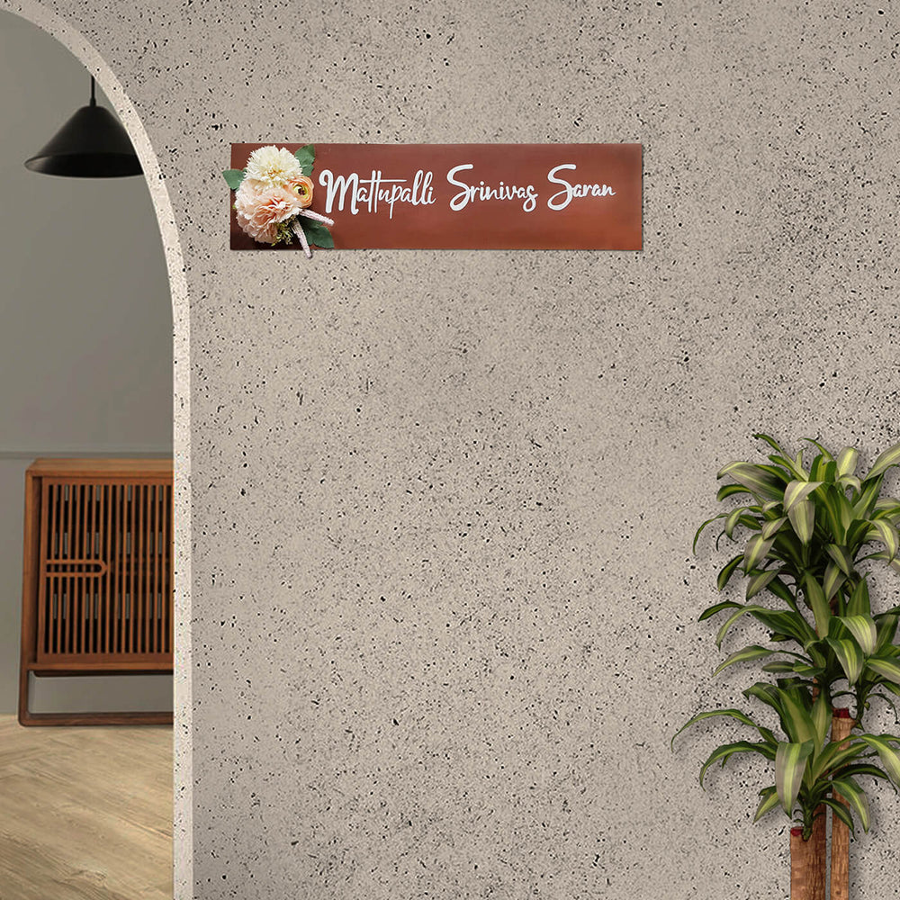 Floral Name Plate Long - Mounted on Entryway Wall